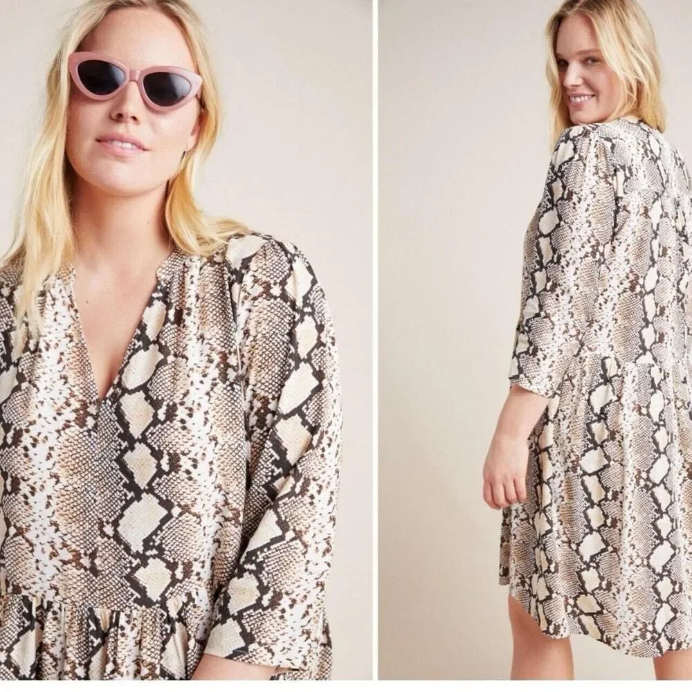 Maeve Anthropologie Juno Snake Animal‎ Print Beige Pleated Dress Size S